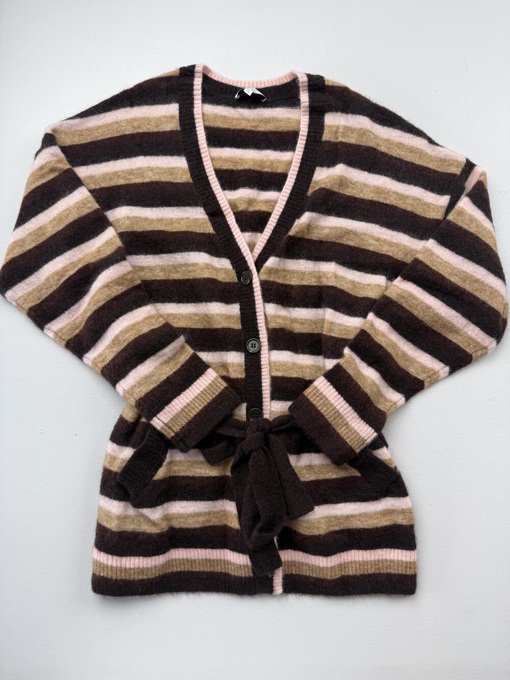 & Other Stories Sweater Cardigan Womens Medium Brown Stripe V Neck Belted Knit